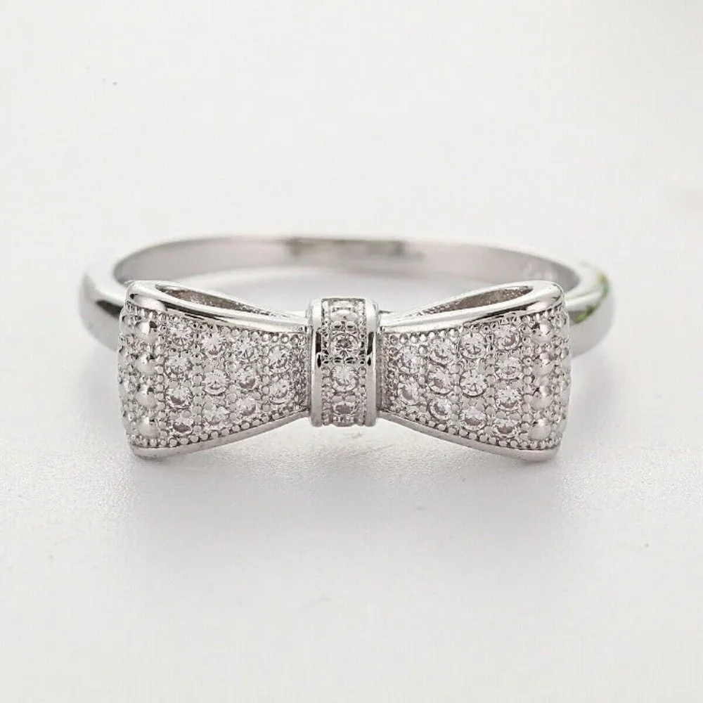 NEW 925 Sterling Silver Diamond Milgrain Bow Ring